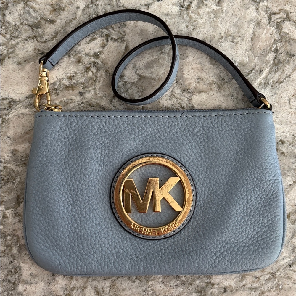 Michael Kors Light Blue Wristlet with Gold Emblem